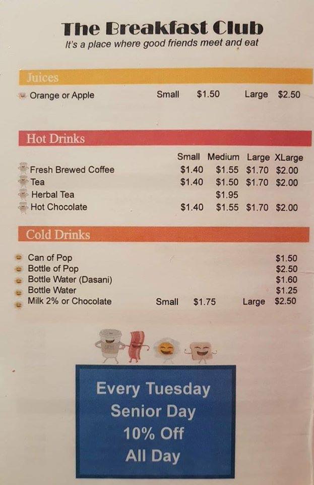 Menu at The Breakfast Club, Schomberg, ON9