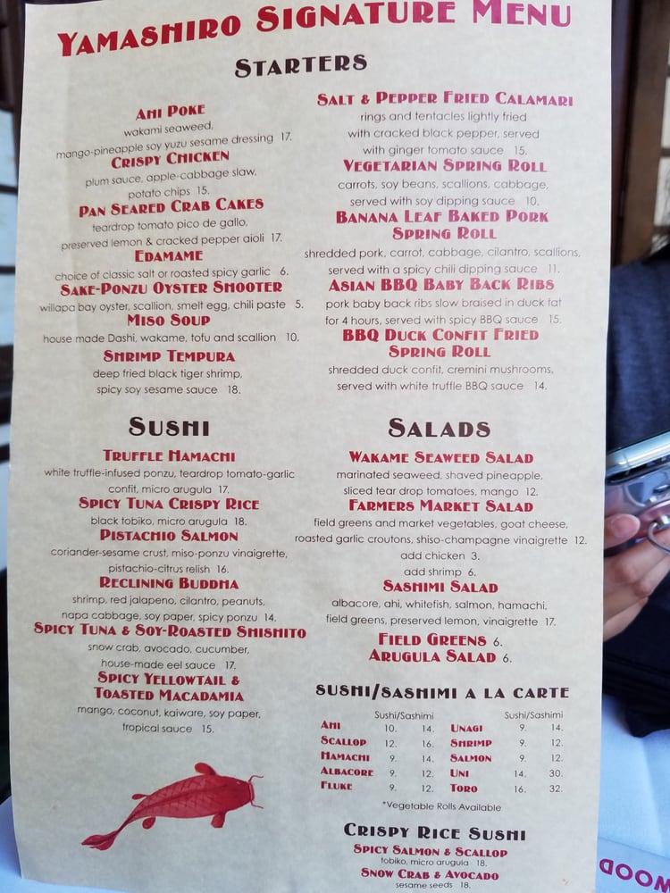 Menu at Yamashiro Hollywood restaurant, Los Angeles