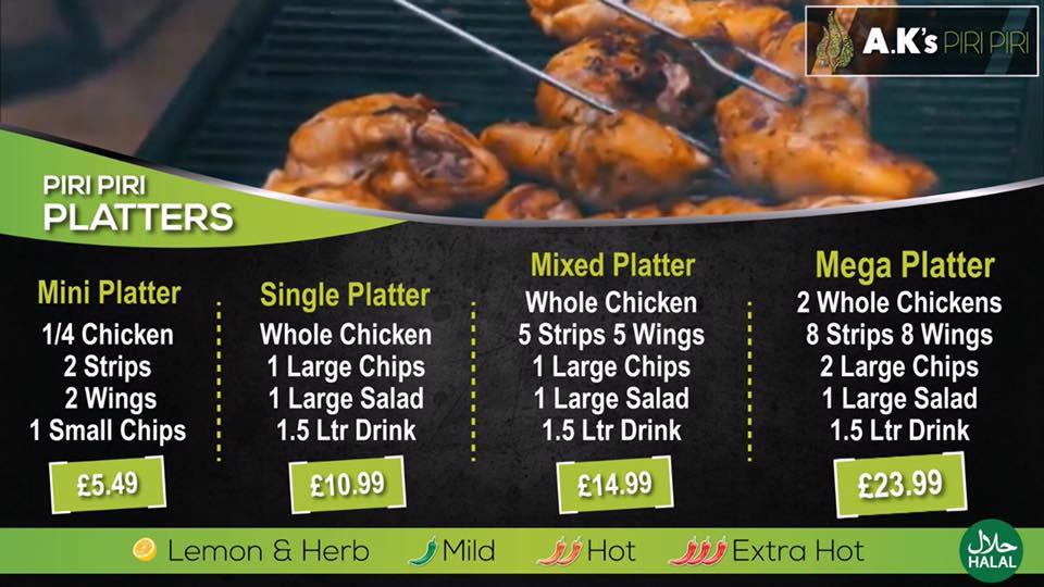 Menu at A.K's Piri Piri restaurant, Luton