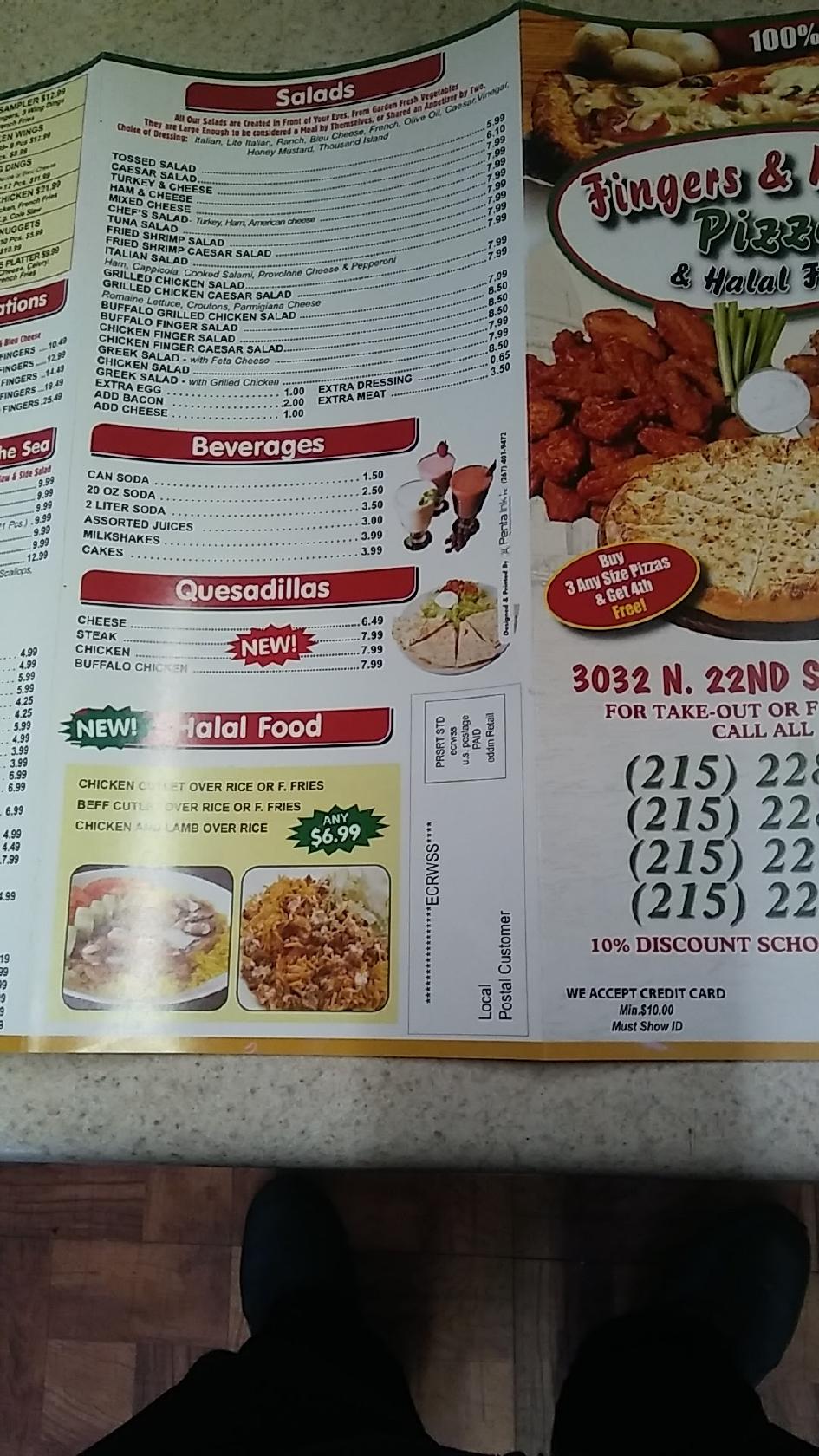 Menu at Fingers & Wings Pizza pizzeria, Philadelphia