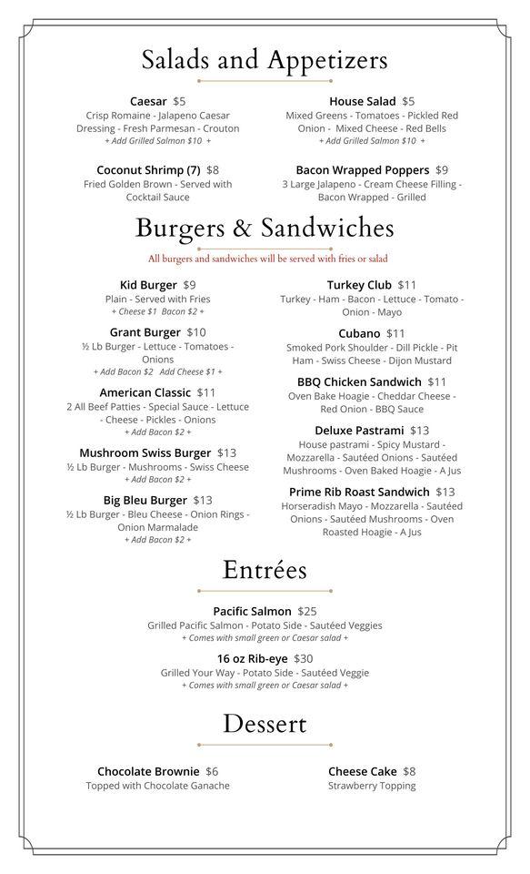 Menu at Grant's Neighborhood Grill restaurant, Meridian