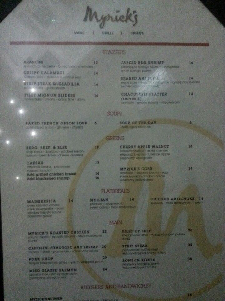 Menu at Myrick's pub & bar, Rosemont