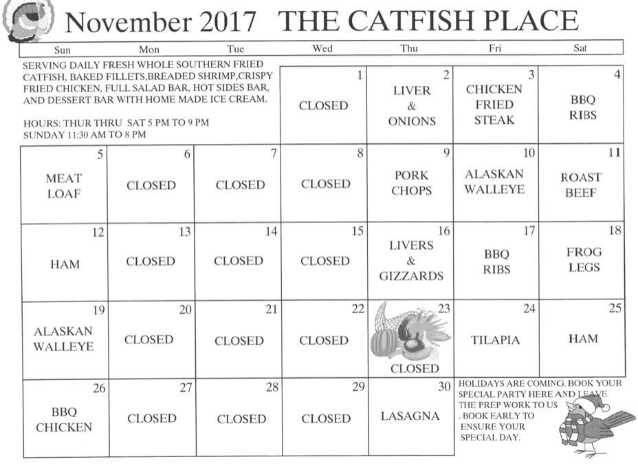 Menu at Catfish Place restaurant, Arbela, Us136