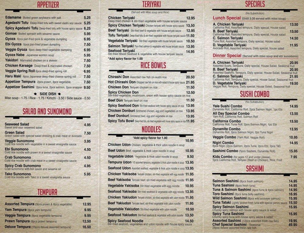Menu at Yale Sushi restaurant, Chilliwack