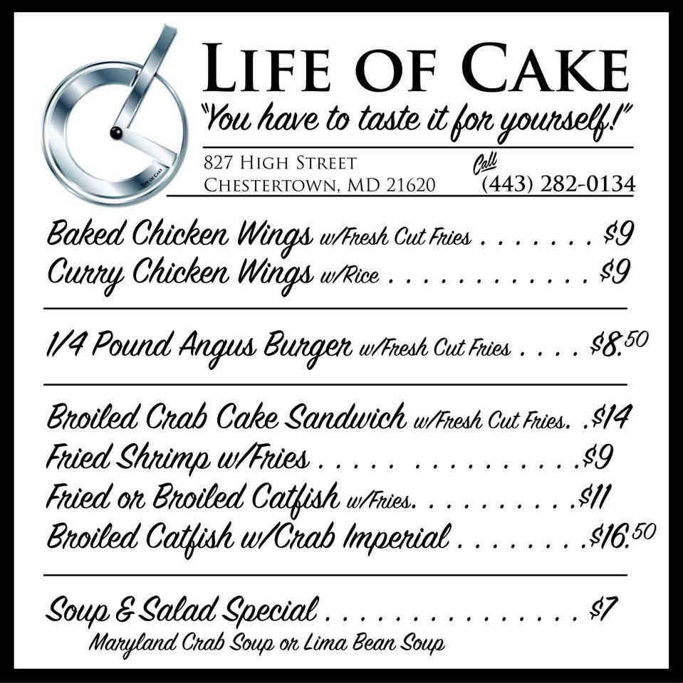 Menu at Life of Cake, Chestertown