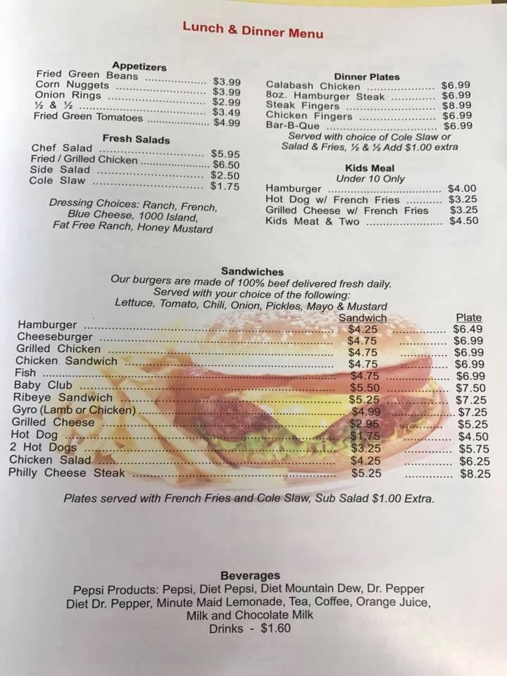 Menu at Mill Town Place restaurant, Pelzer