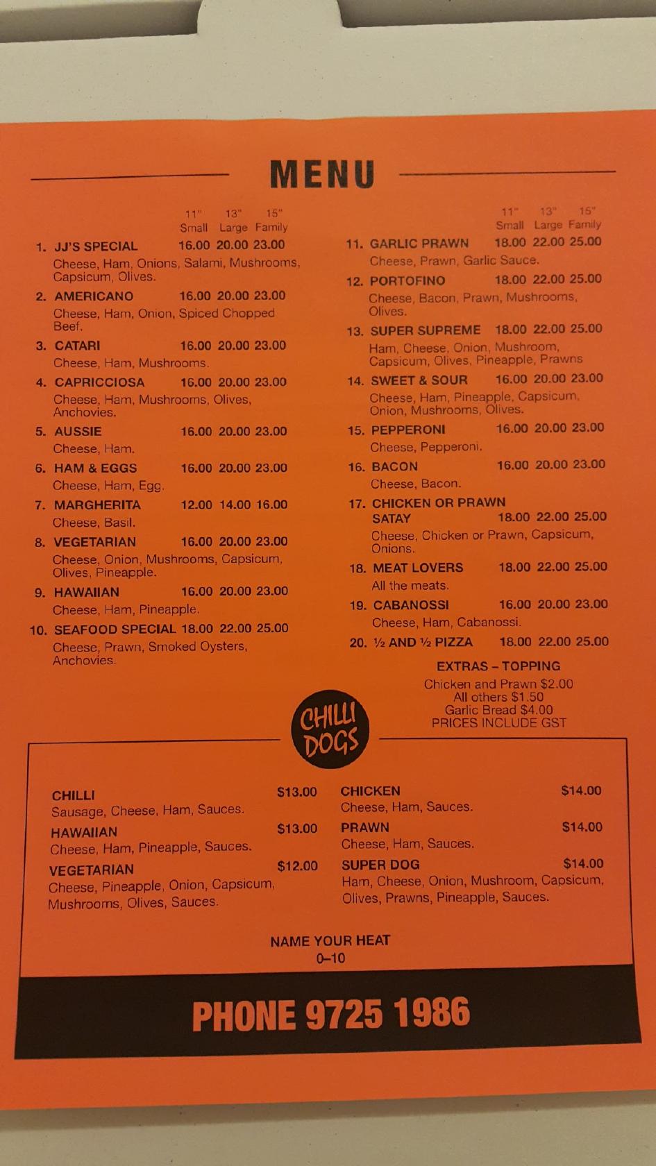 Menu at JJs Pizza restaurant, Eaton