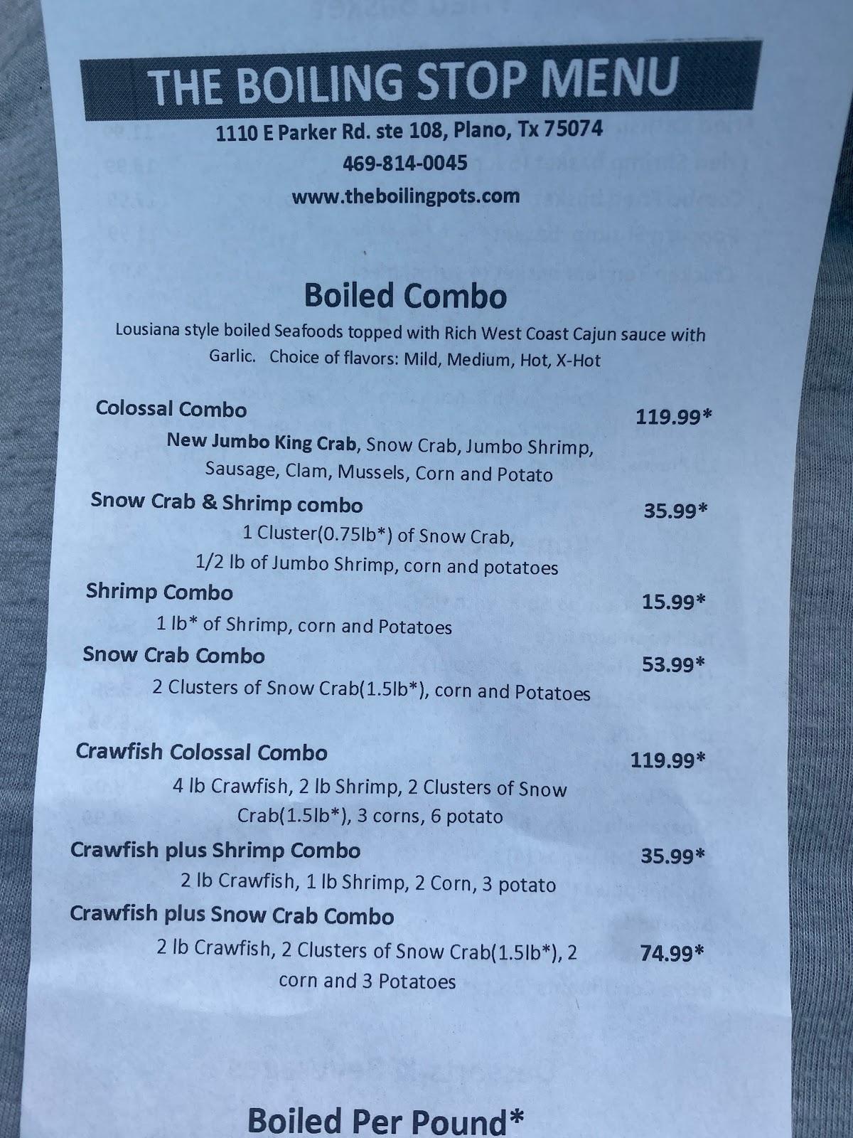Menu at Cajun Boil Stop restaurant, Plano