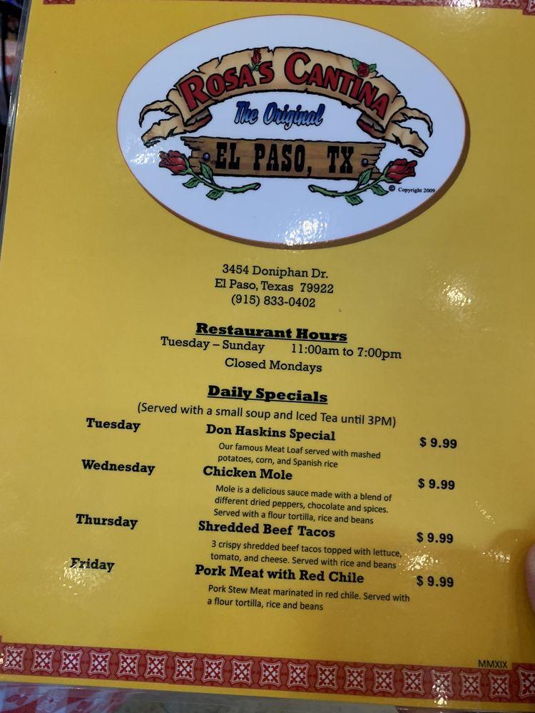 Menu at Rosa's Cantina pub & bar, El Paso