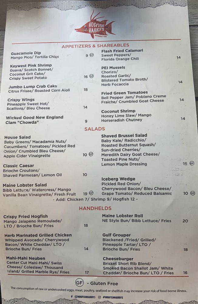 Menu at Hogfish Harry's Restaurant + Bar, Naples