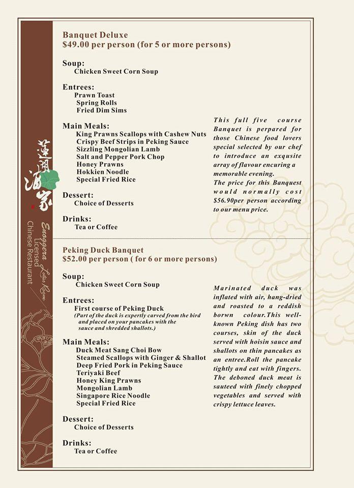 Menu at Lotus Room restaurant, Enoggera, 340 Wardell St