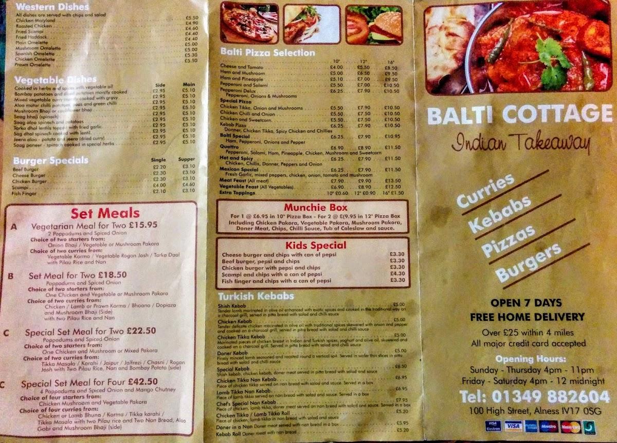 Menu at The Balti Cottage fast food, Alness