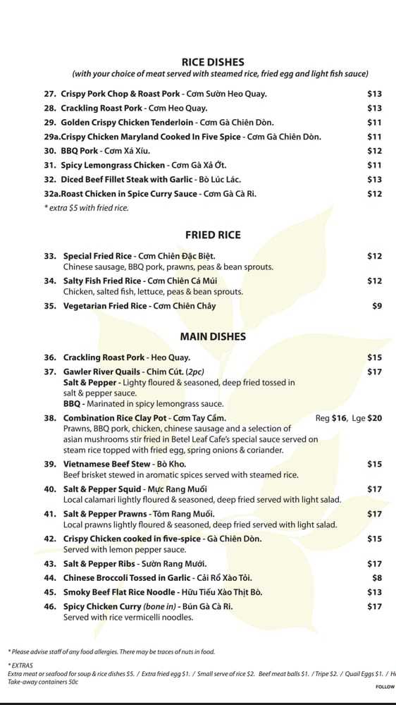 Menu at Betel Leaf Cafe, Seaton