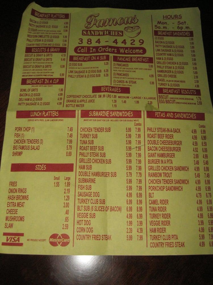 Menu at Famous Sandwiches restaurant, Jacksonville, Cassat Ave