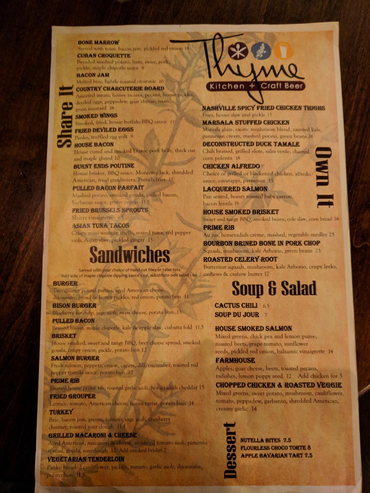 Menu at Thyme Kitchen and Craft Beer pub & bar, Peoria