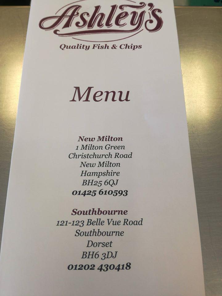 Menu at Ashley's fast food, New Milton