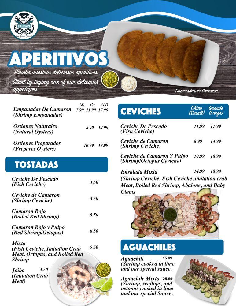 Menu at Mariscos El Capi restaurant, Arbuckle