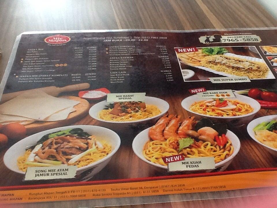 Menu At Mie Mapan Restaurant Surabaya Jl Raya Wiyung 102