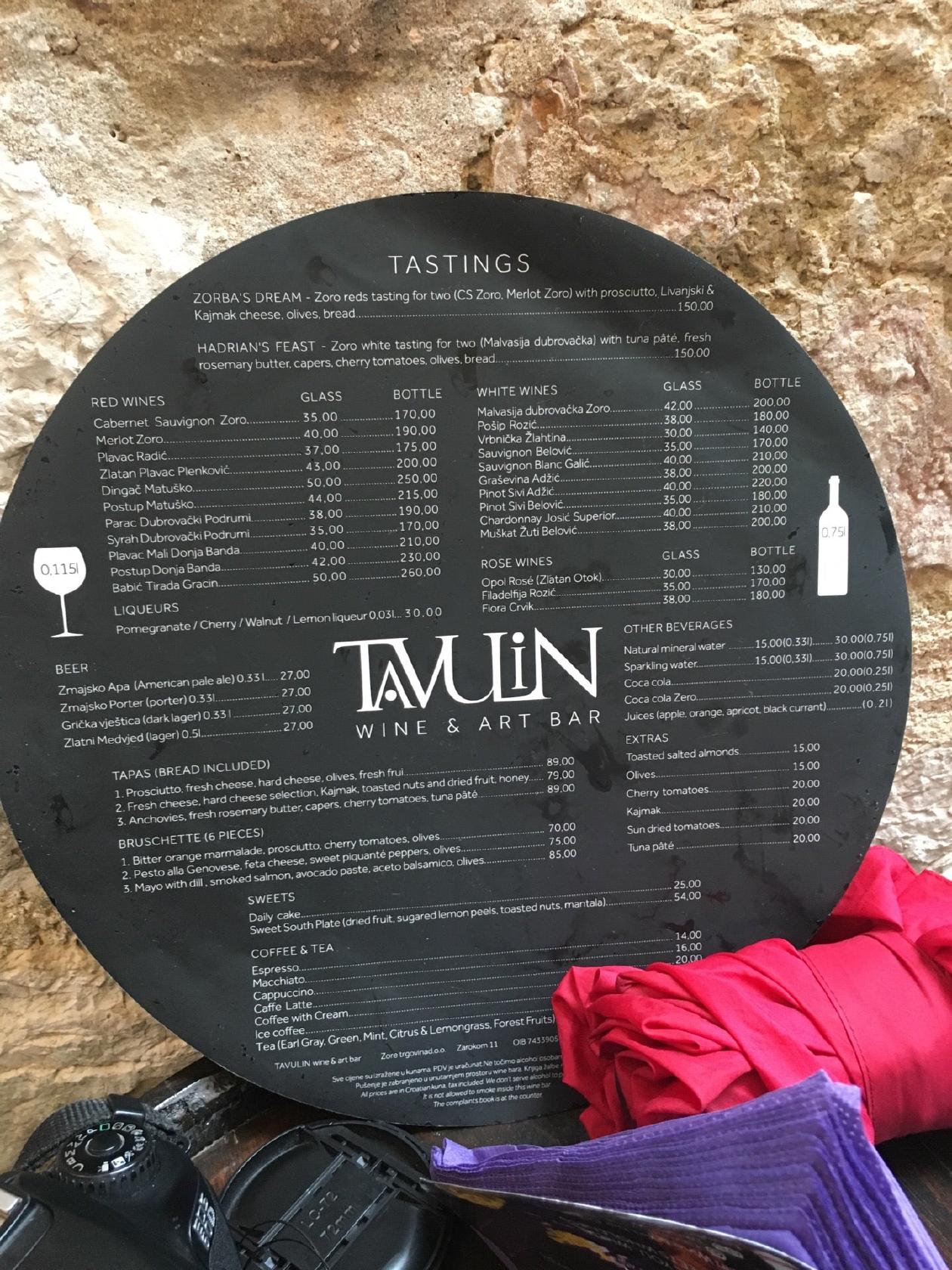 Menu at Bistro Tavulin restaurant, Dubrovnik