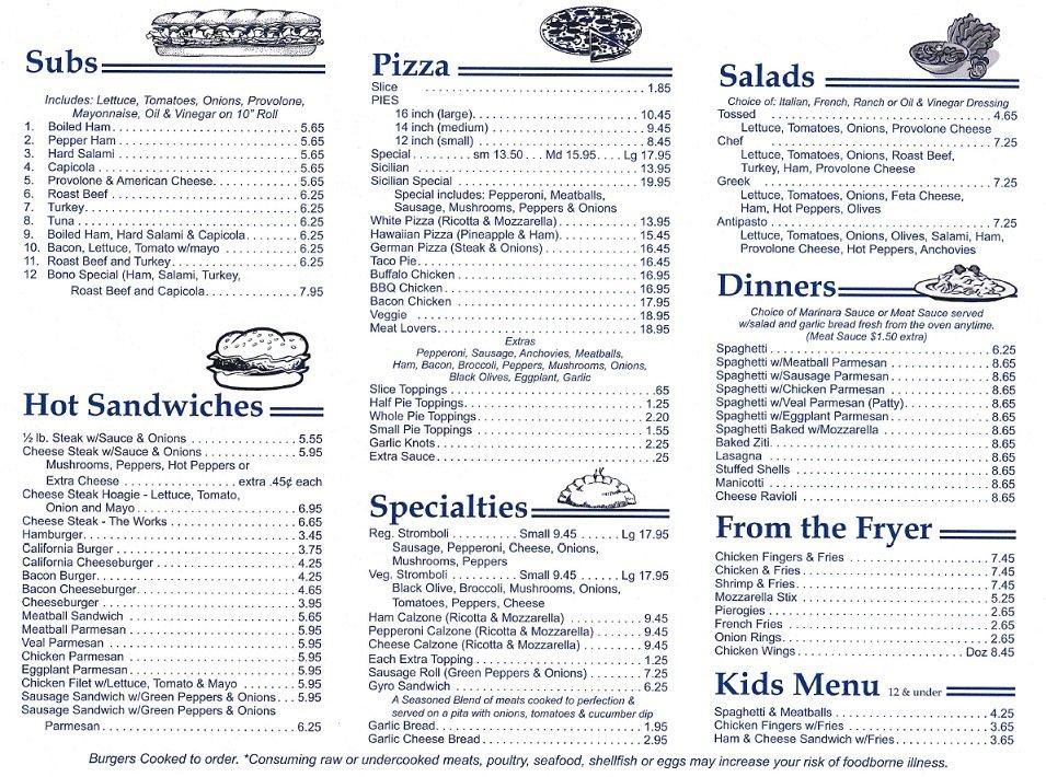 Menu at Bono Pizza pizzeria, Brodheadsville, US209