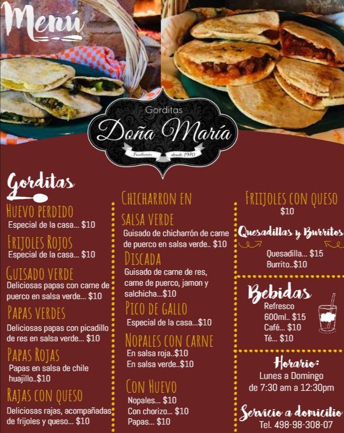 Menu at Gorditas Doña María restaurant, Mexico, Calle 2da Oriente #30