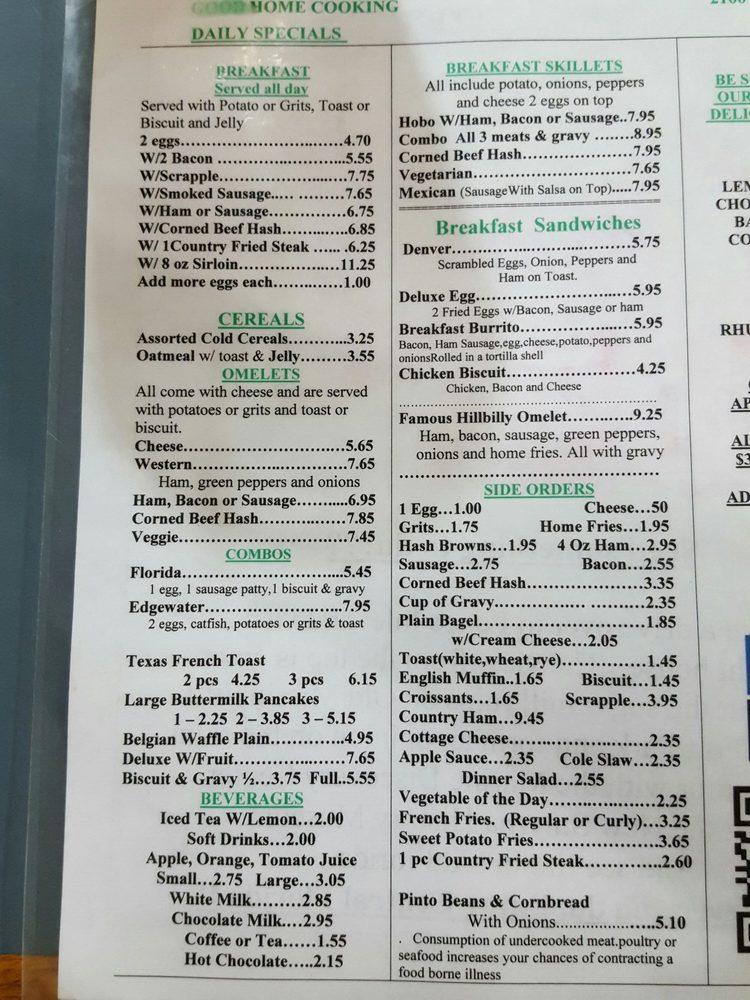 Menu at Peggy's Country Kitchen restaurant, Edgewater