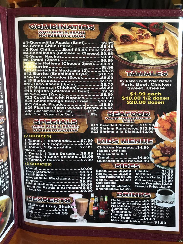 Menu at Tamales Guadalajara restaurant, Tolleson