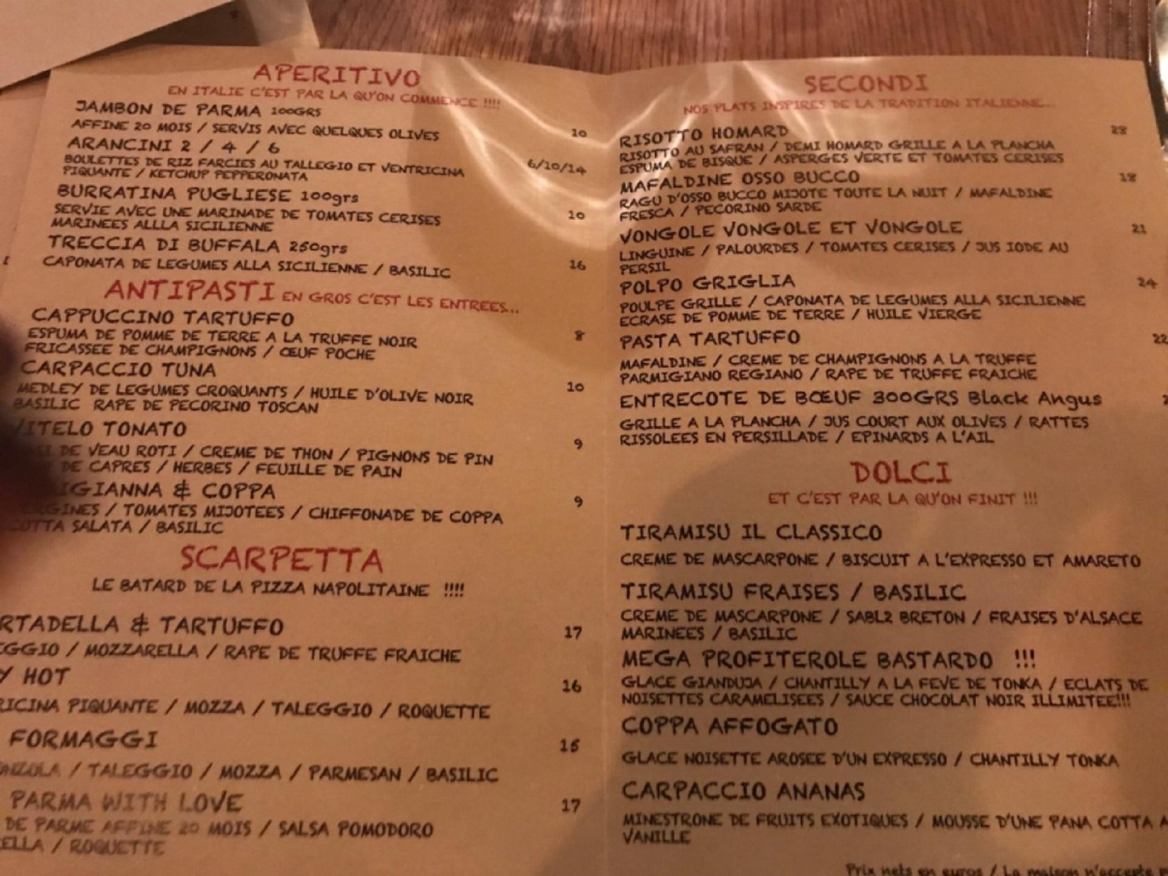 Menu at BASTARDO restaurant, Strasbourg