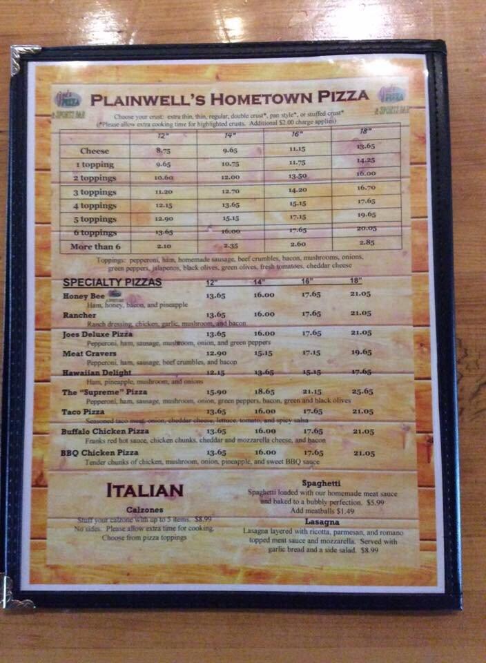 Menu at Joe's Pizza & Sports Bar, Plainwell