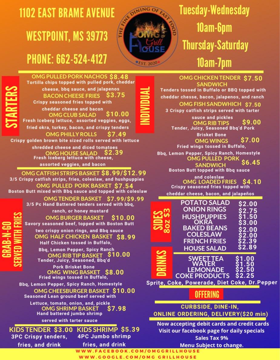 Menu at OMG Grill House! desserts, Starkville