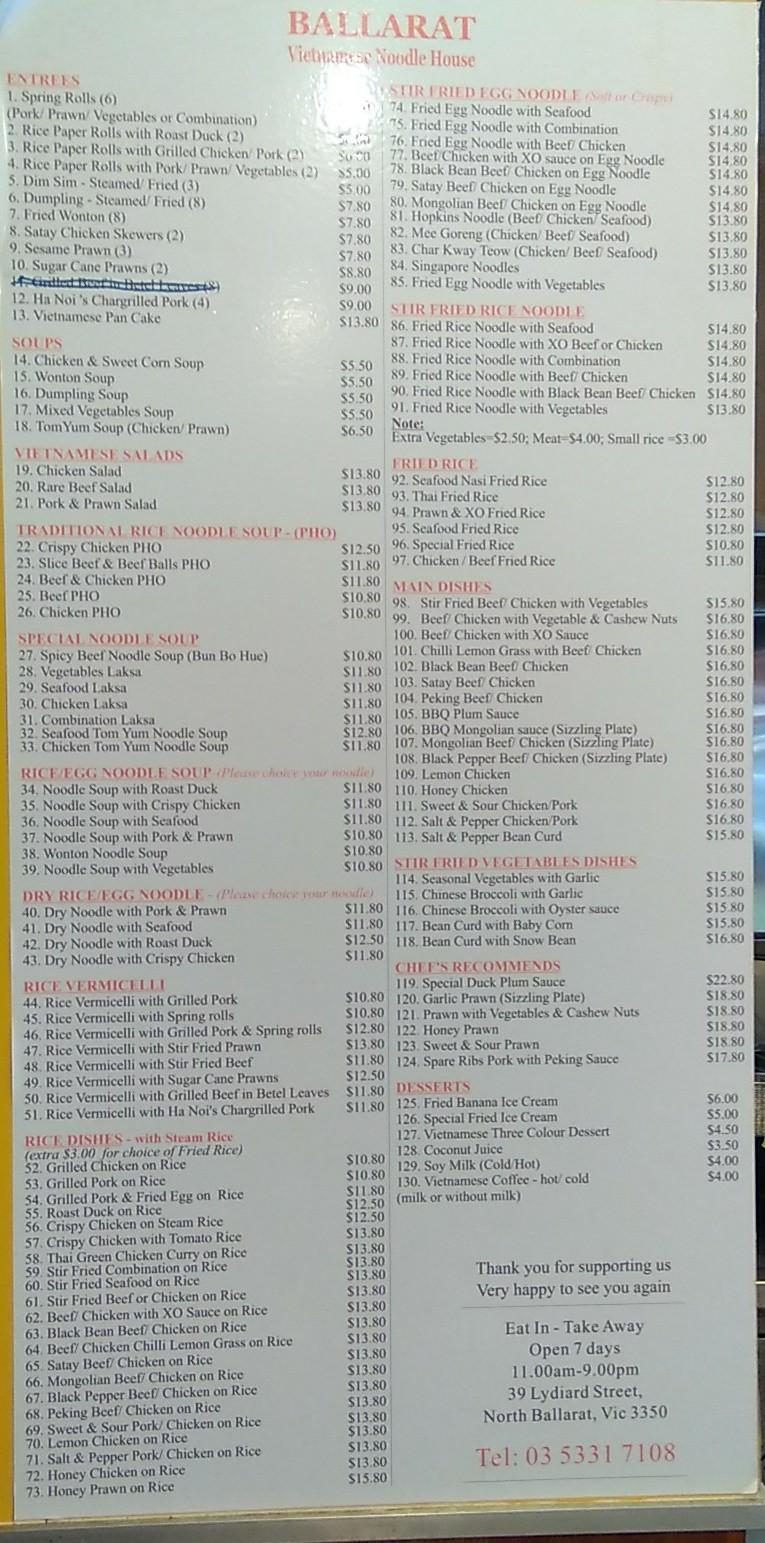 Menu at Ballarat vietnamese noodle house restaurant, Ballarat Central