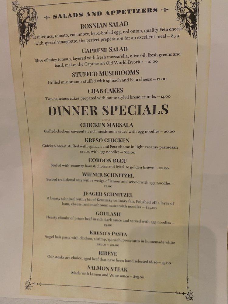 Menu at Kreso's Restaurant, Bardstown
