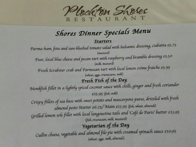 Menu at The Shores Plockton restaurant, Plockton