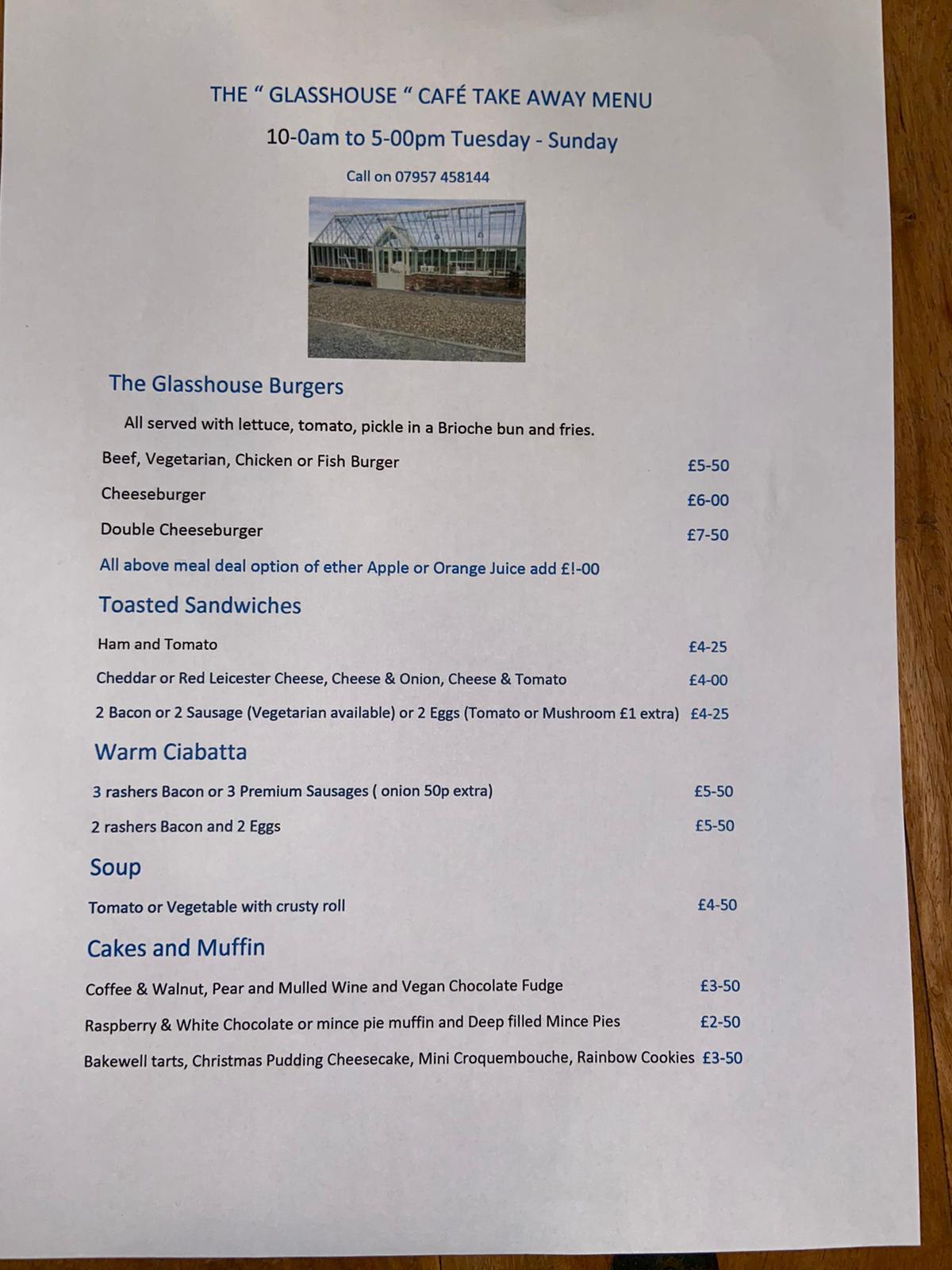 Menu at The Glasshouse Cafe Peldon, Colchester