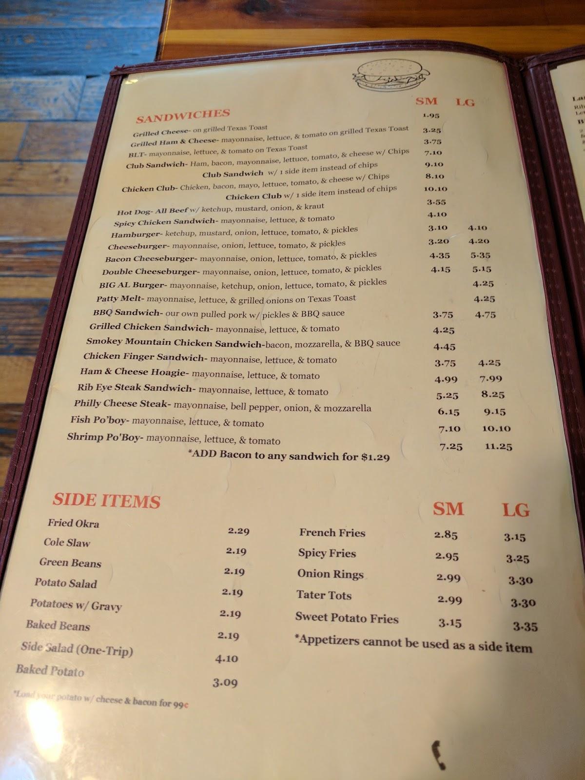 Menu at Big Al's Restaurant, USA, US-43