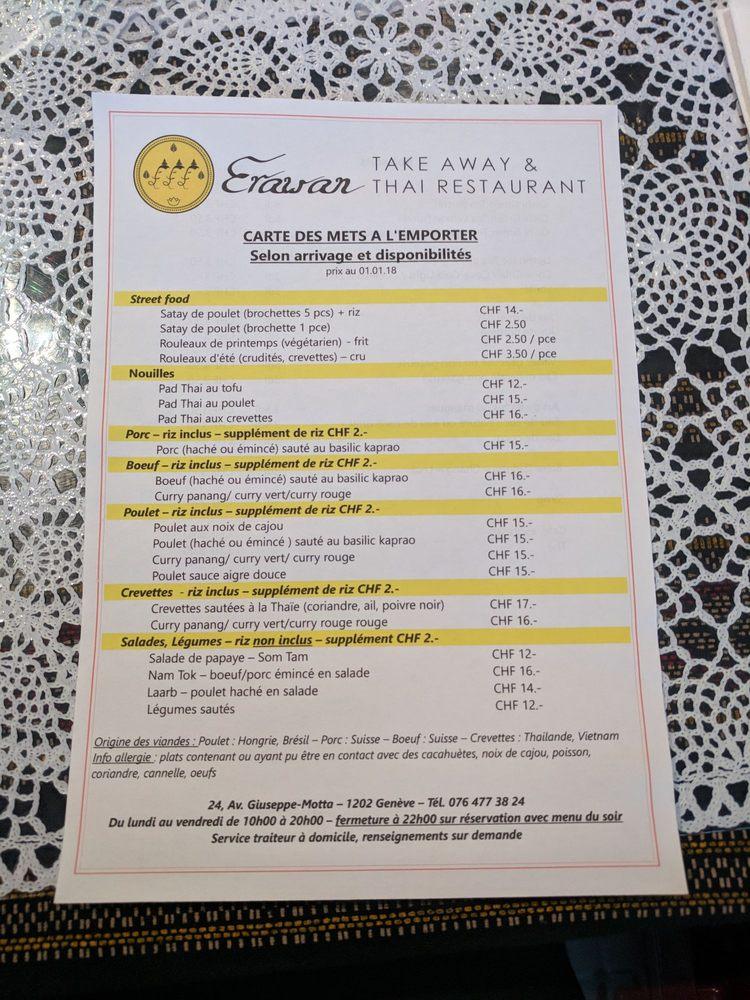 Menu at Erawan Take Away, Geneva