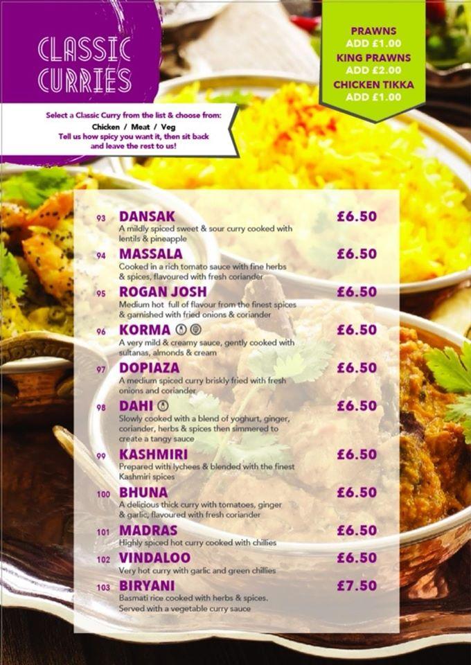 Menu at Palace Tandoori restaurant, Denby Dale