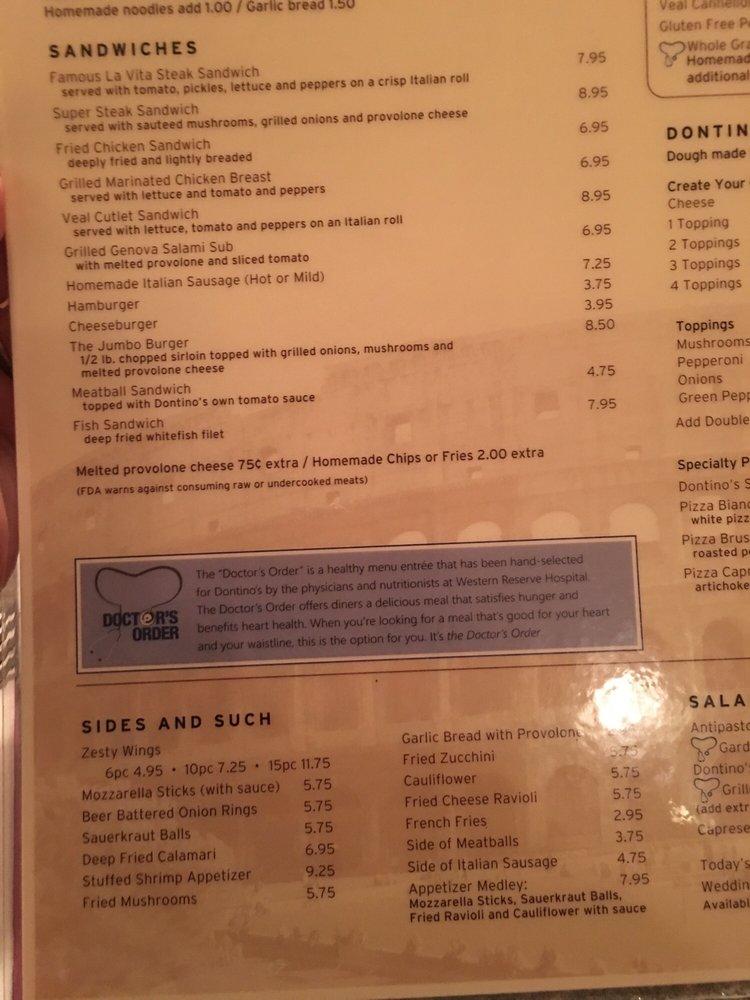 Menu at Dontino's La Vita Gardens pub & bar, Akron