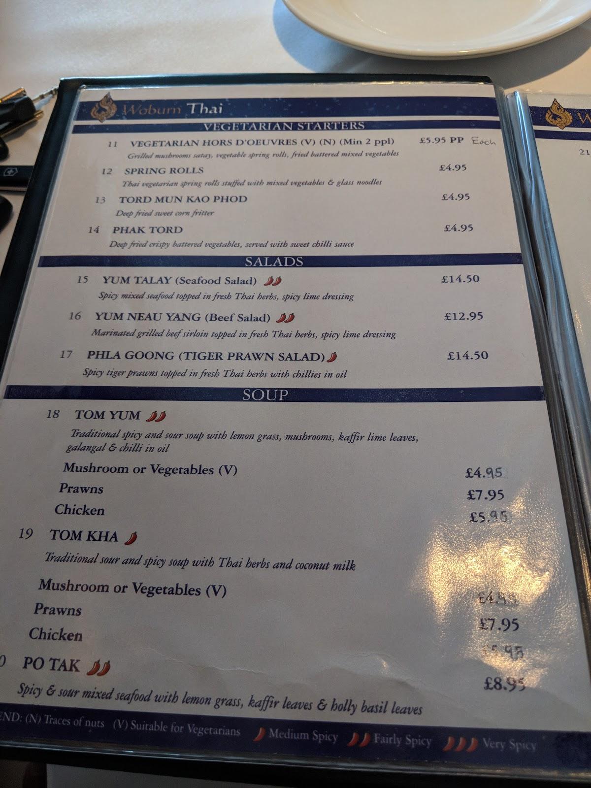 Menu at Woburn Thai restaurant, Woburn
