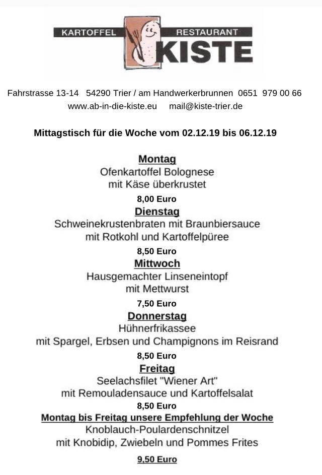 Speisekarte von Restaurant Kartoffel Kiste, Trier