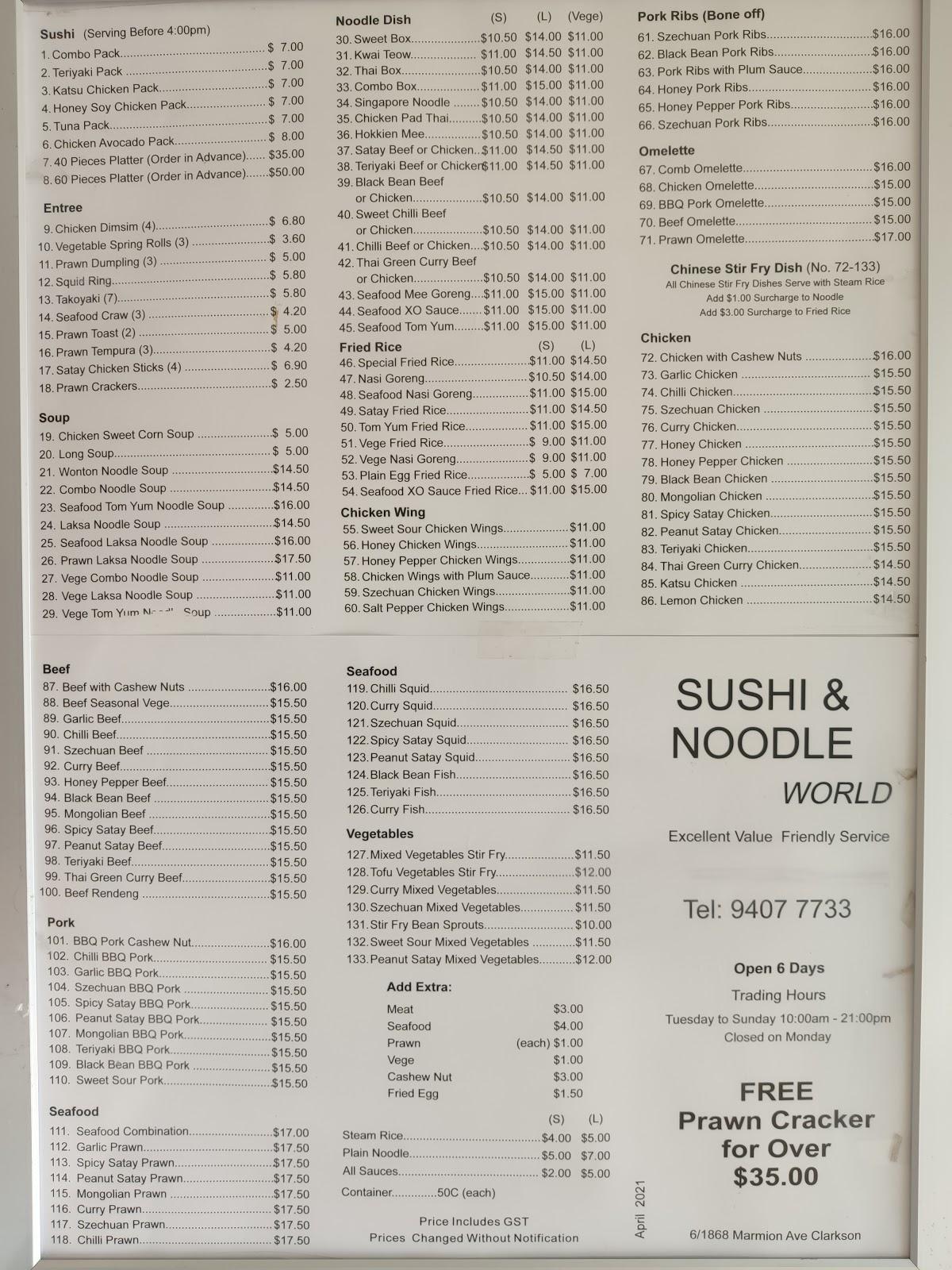 Menu at Sushi Noodle fast food, Clarkson, 6/1868 Marmion Ave