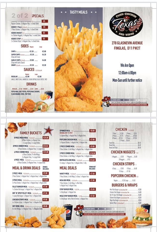 Menu at Texas Fried Chicken & Wings restaurant, Dublin, 278 Glasnevin Ave