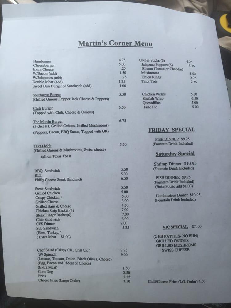 Menu at Martins Corner restaurant, Milam, 101 TX21