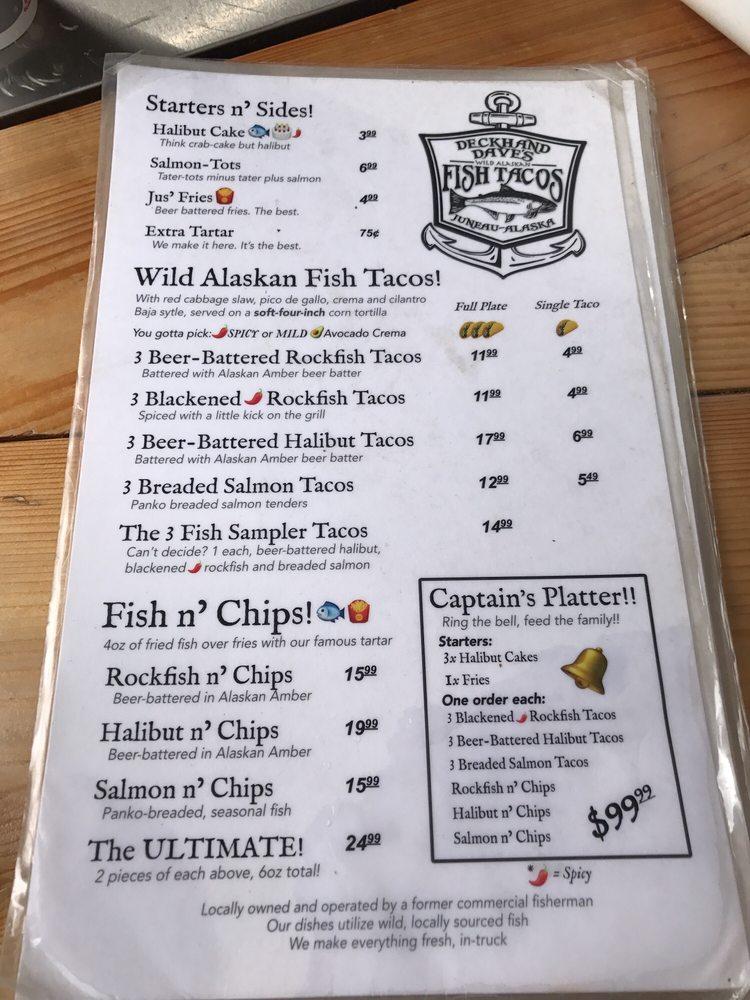 Menu at Deckhand Dave's Fish Tacos restaurant, Juneau, 139 S Franklin St