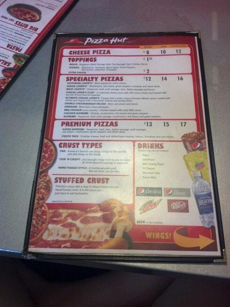 Menu at Pizza Hut pizzeria, Powell