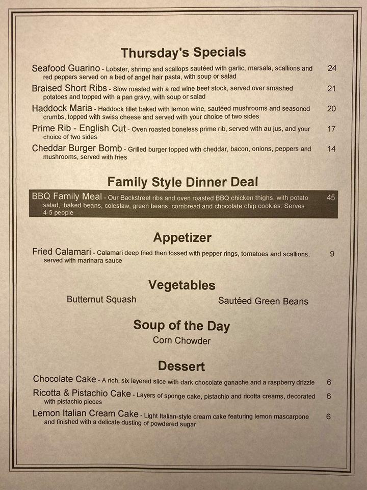 Menu at Backstreet Grille & Tavern pub & bar, Stoughton