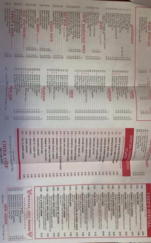 Menu at China Chef restaurant, Columbia