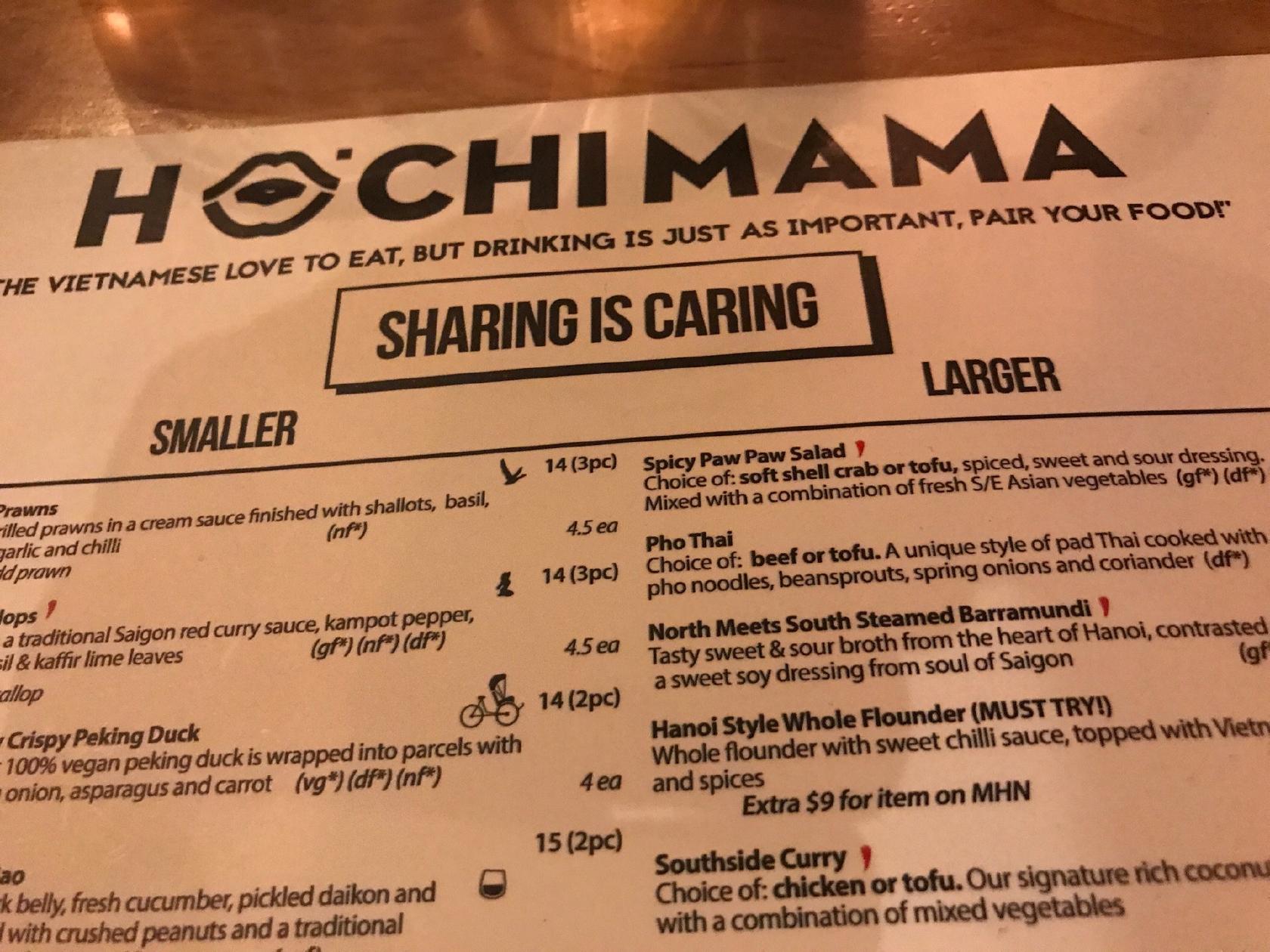 Menu at Hochi Mama restaurant, Melbourne