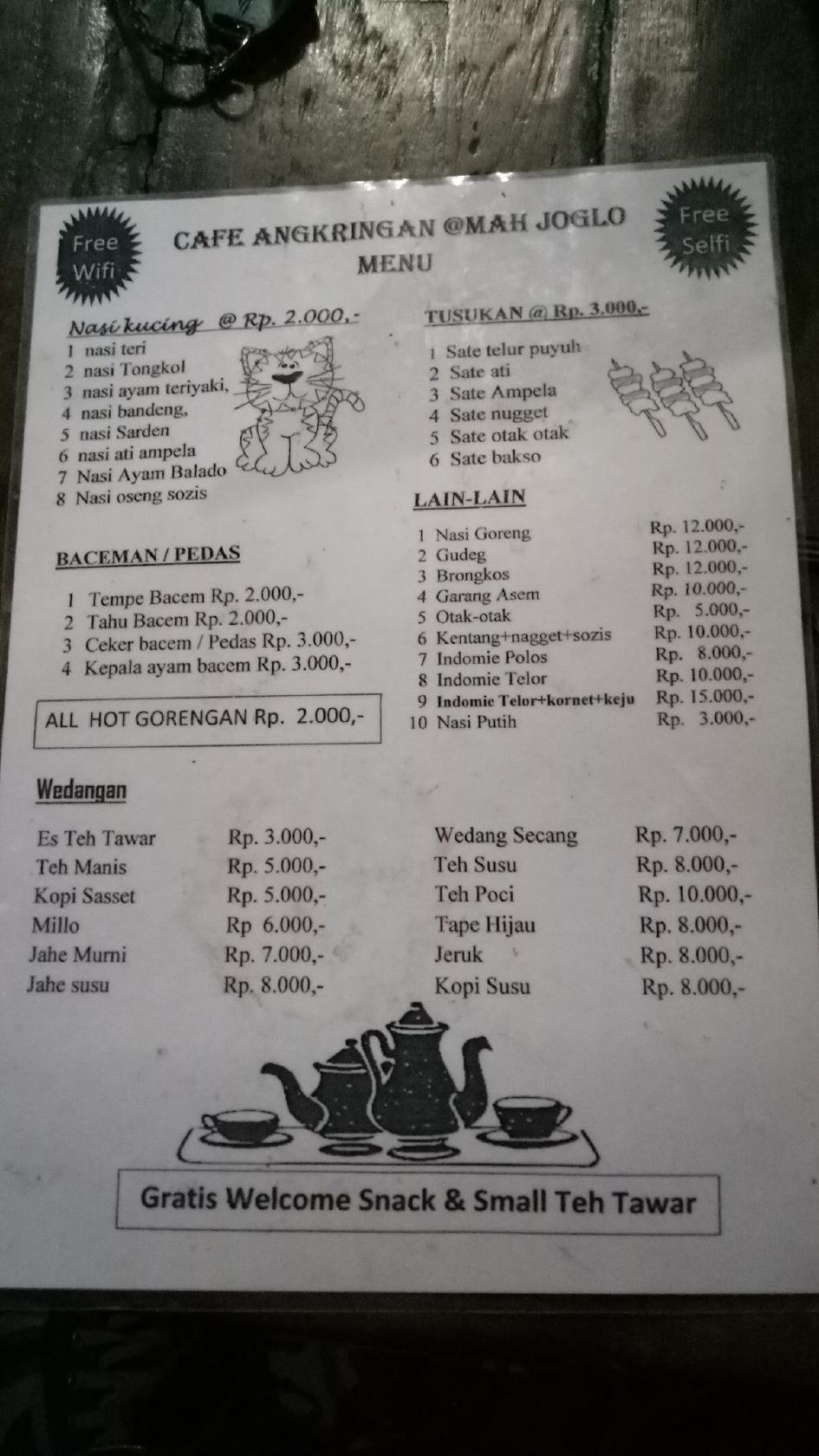 Menu at Omah Joglo restaurant, Karawang