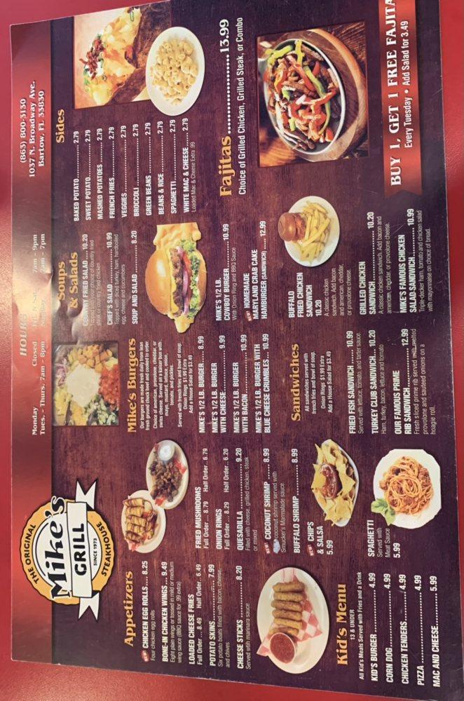 Menu at The Original Mike's Grill steakhouse, Bartow